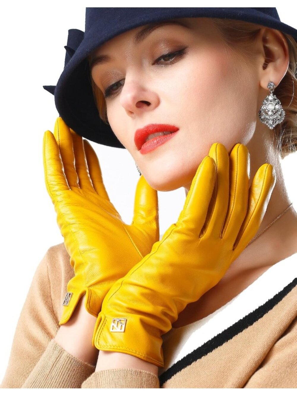 Women's Yellow Lambskin Winter Comfort Touchscreen Italian Leather Gloves